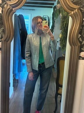 Vtg Women's Metallic Blue Leather Jacket - Sz S